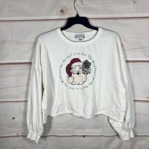 Wildfox Top Womens XL White Fleece Sweatshirt Santa Graphic Ho Ho Ho Cropped